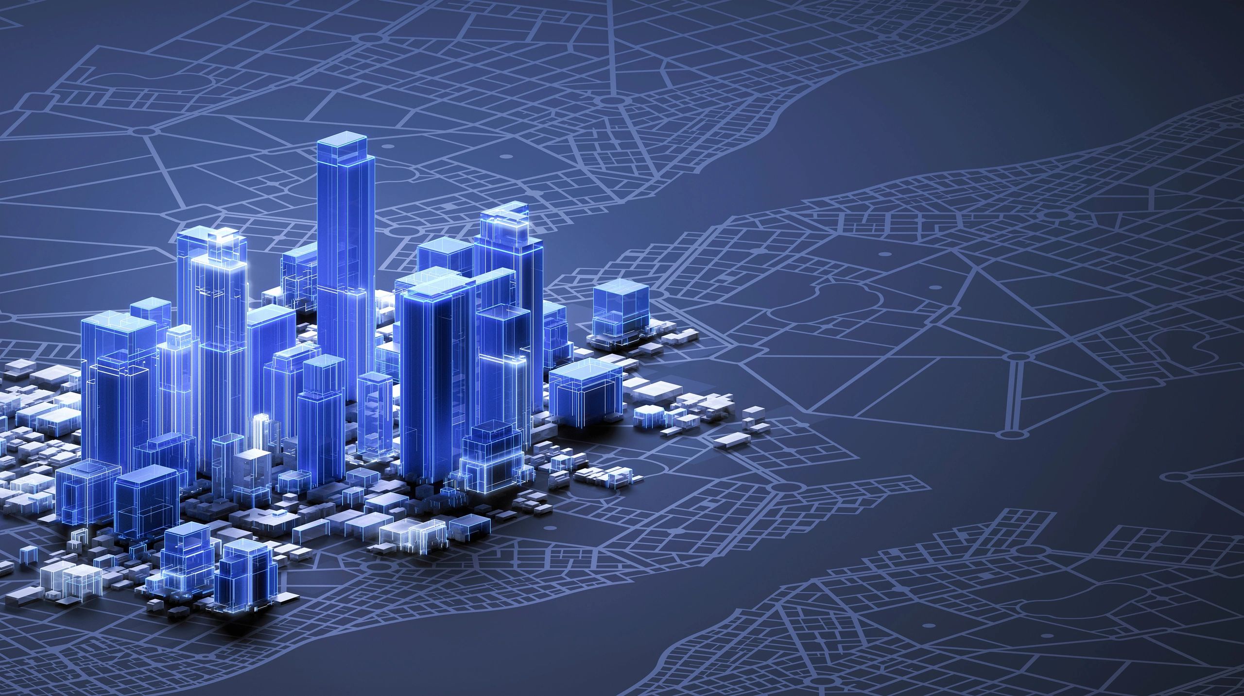 Abstract futuristic city downtown with glowing data lines