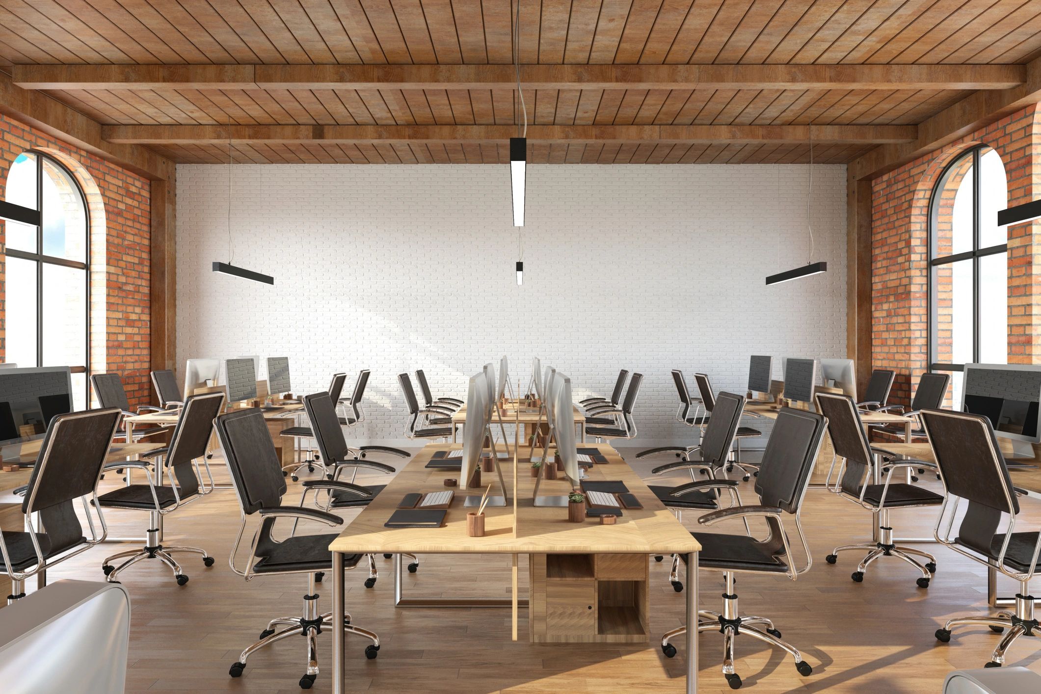 Modern technology workspace with desks and clean interior